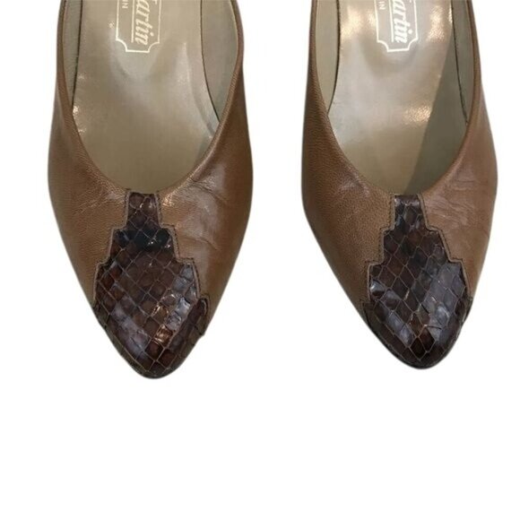 Vintage Jacques Martin Brown Leather Pumps Croc Embossed Toe Size 8 Low Heels - Picture 7 of 8